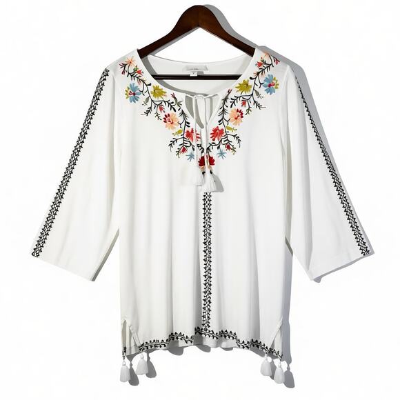 J.Jill Embroidered Floral Peasant Tunic Top White Tassel Tie 3/4 Sleeve Medium - Picture 2 of 13
